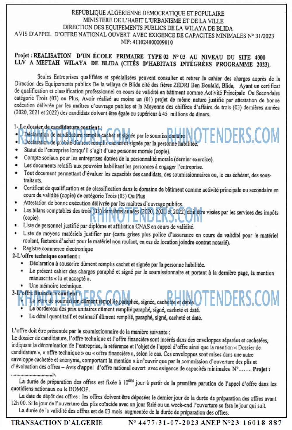 TRANSACTION D'ALGERIE
