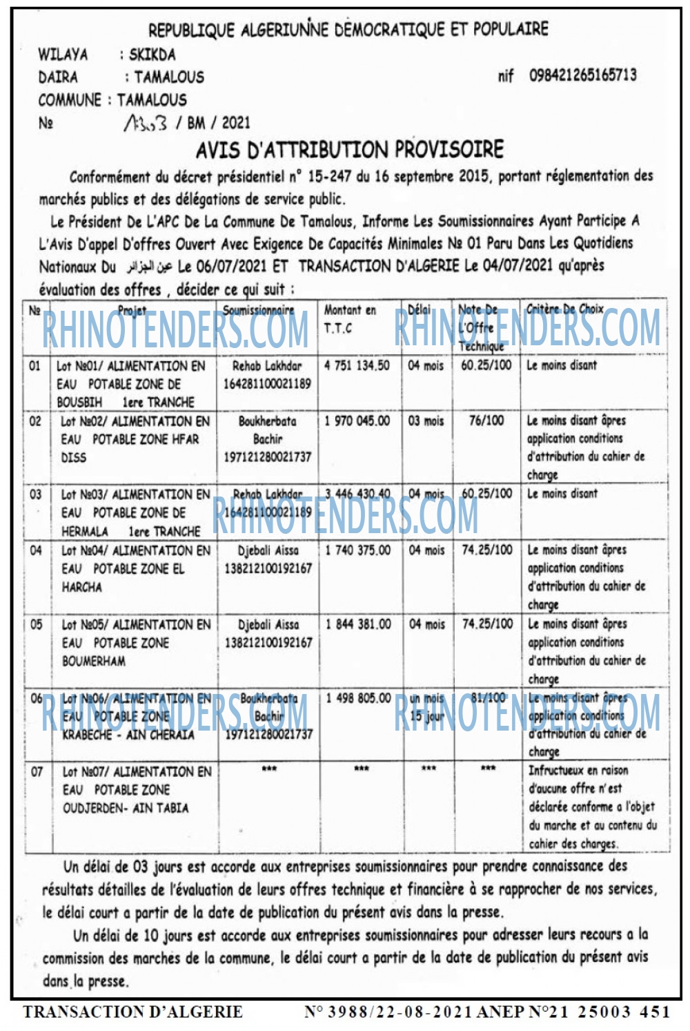 TRANSACTION D'ALGERIE