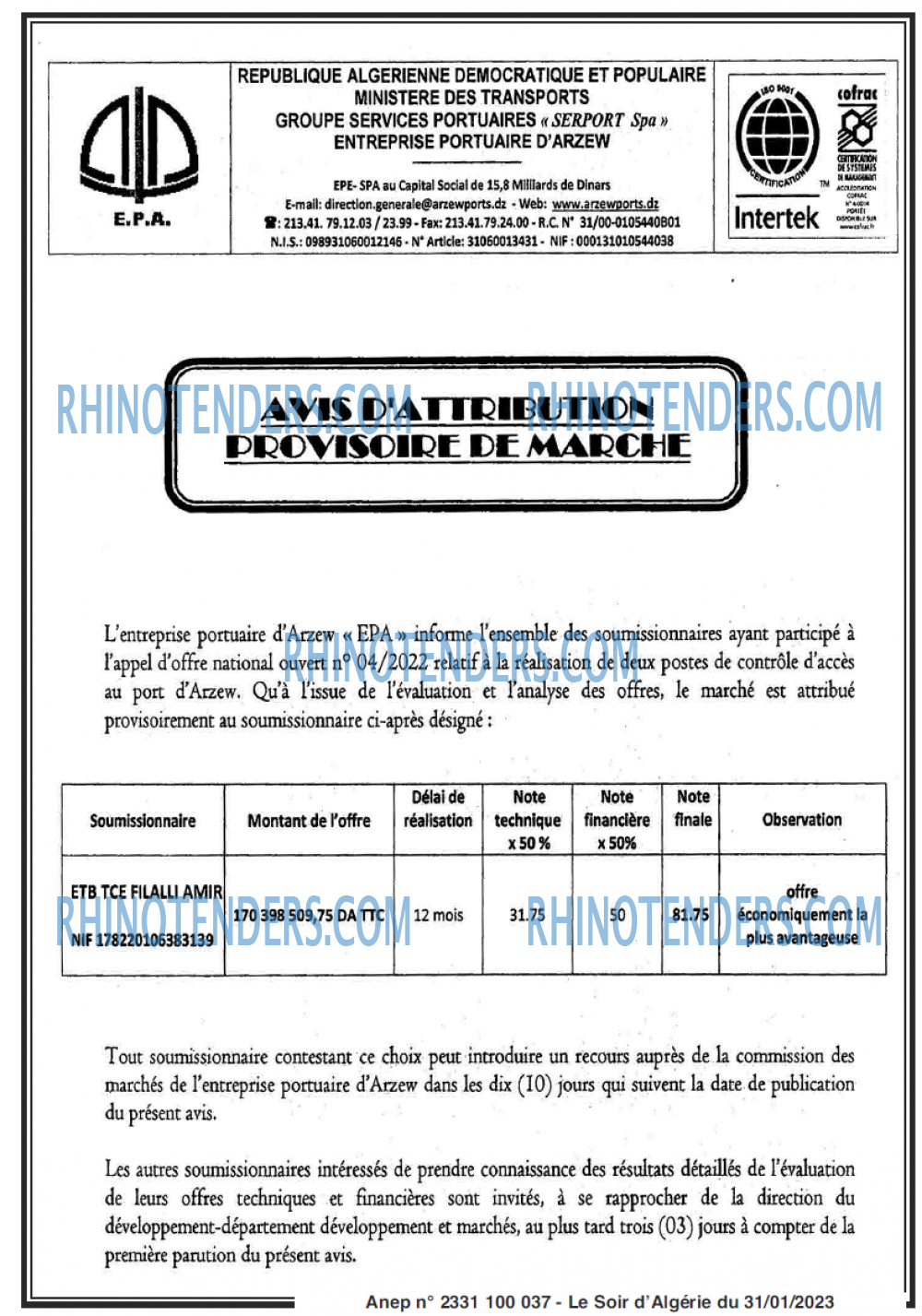 LE SOIR D'ALGERIE