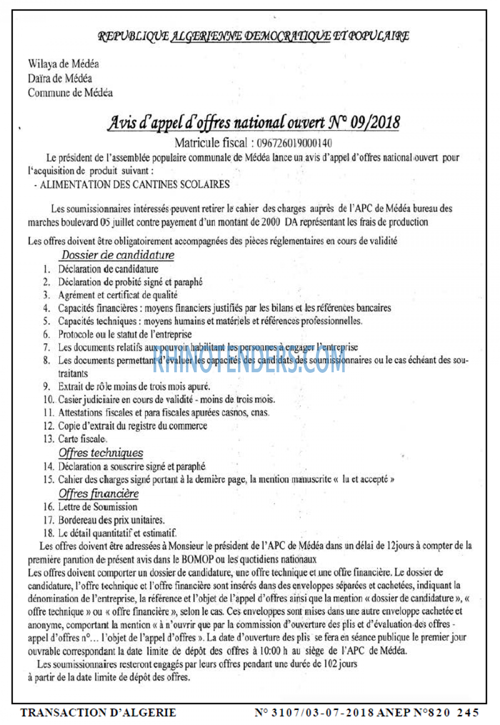 TRANSACTION D'ALGERIE