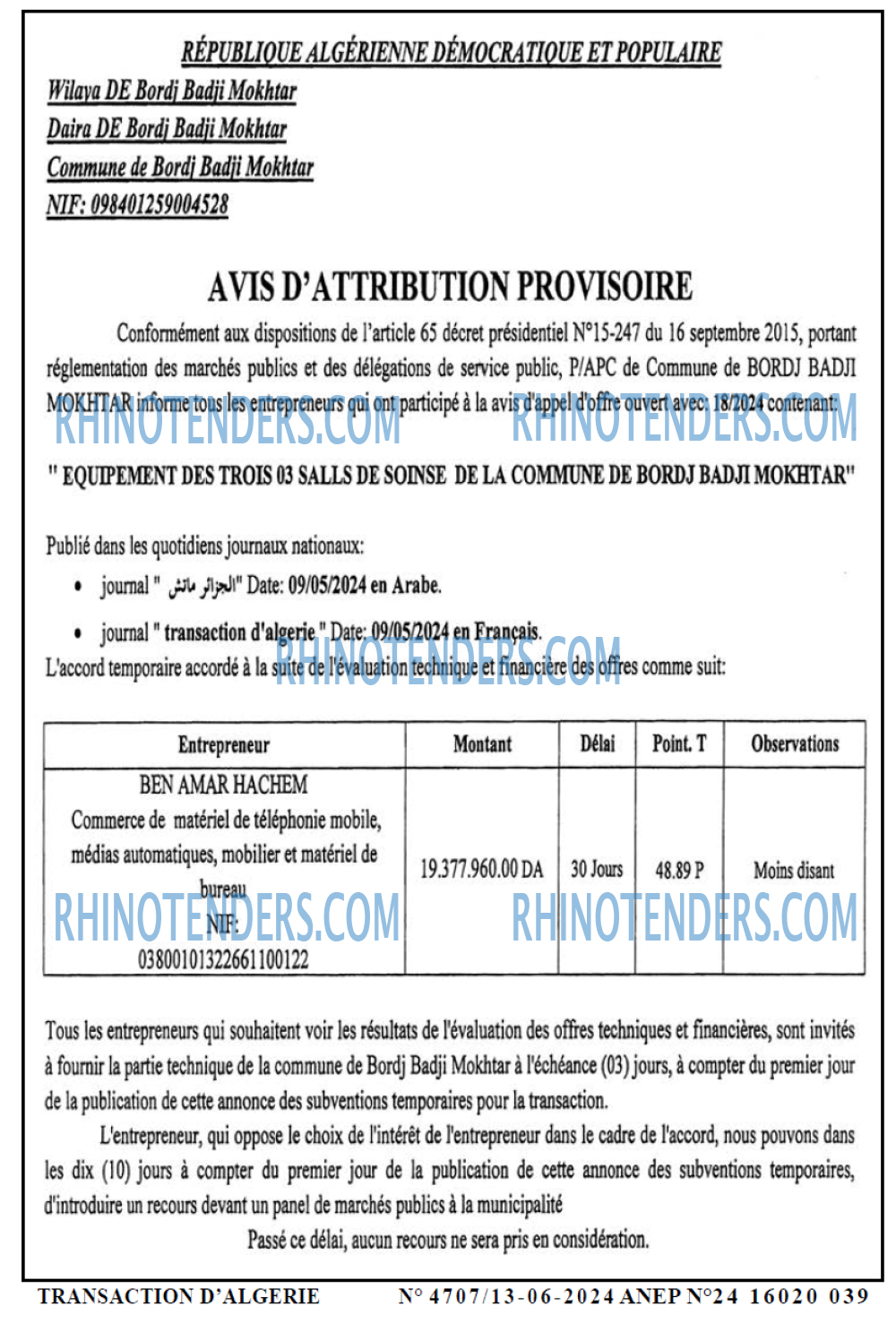 TRANSACTION D'ALGERIE