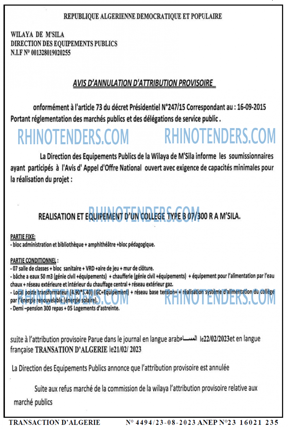 TRANSACTION D'ALGERIE