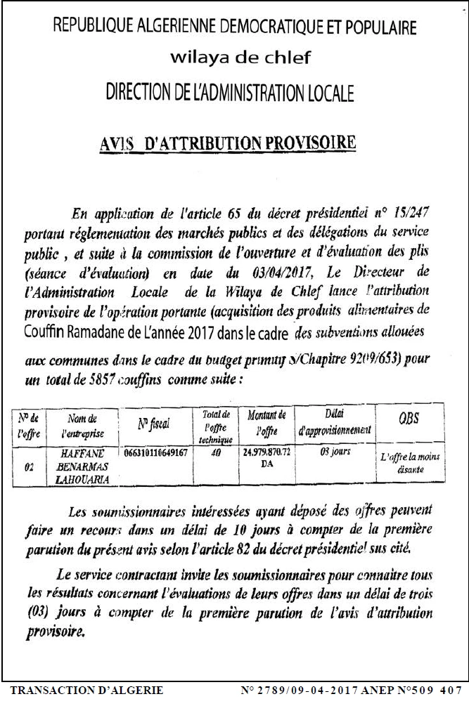 TRANSACTION D'ALGERIE