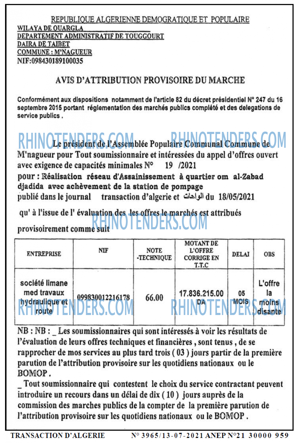 TRANSACTION D'ALGERIE