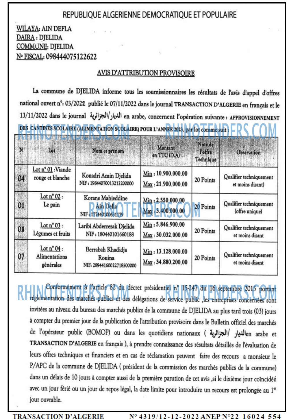 TRANSACTION D'ALGERIE