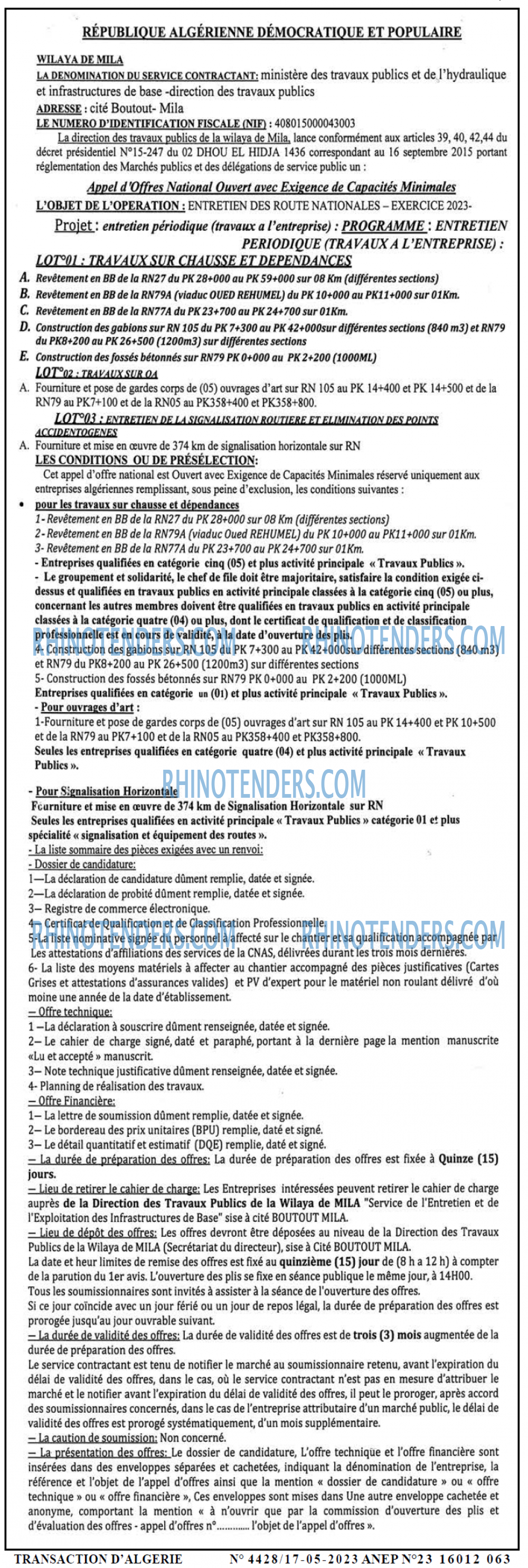 TRANSACTION D'ALGERIE