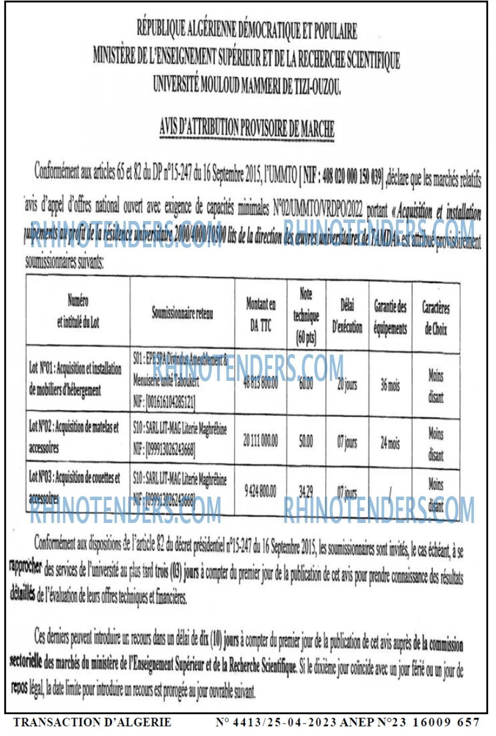 TRANSACTION D'ALGERIE