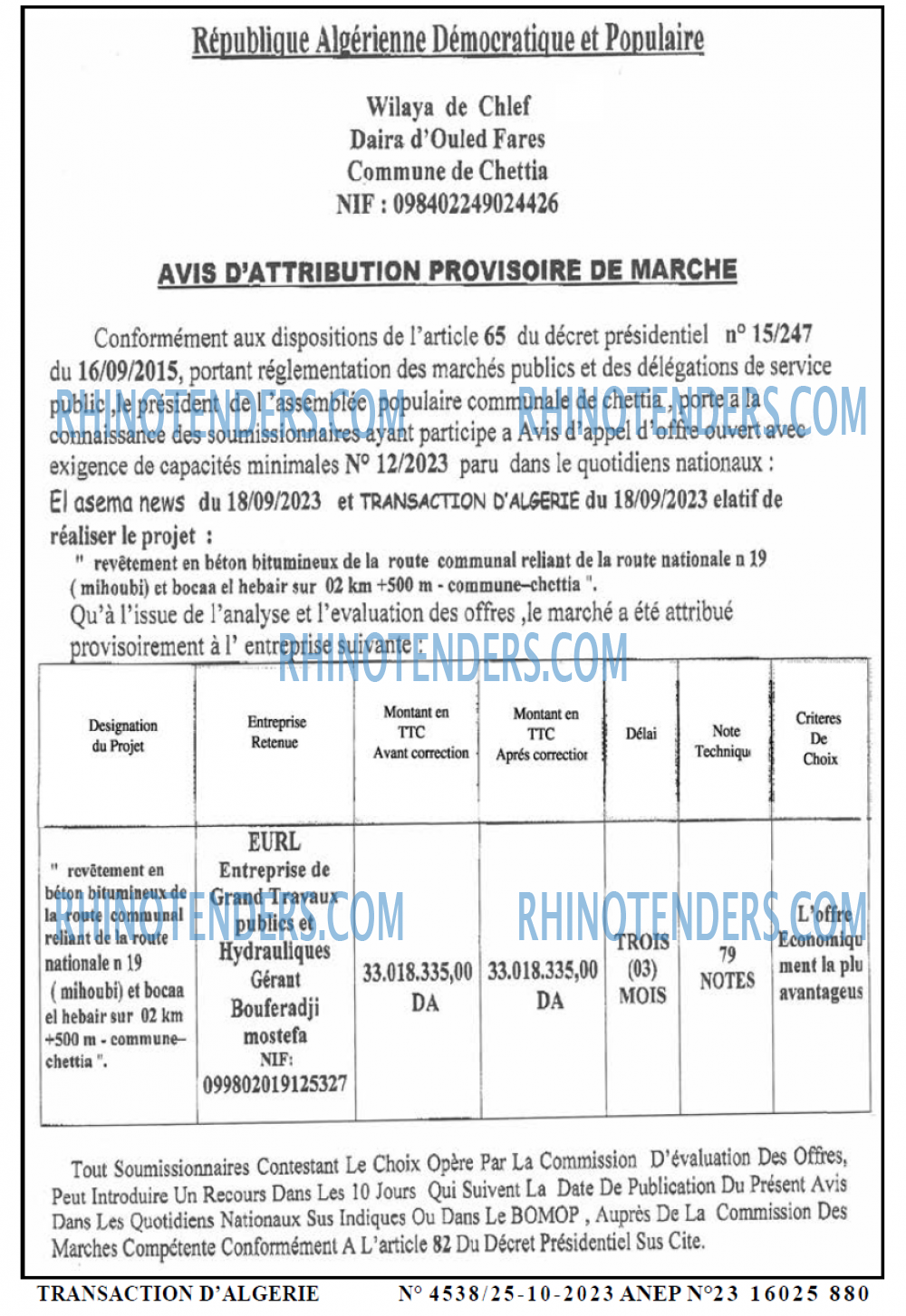 TRANSACTION D'ALGERIE