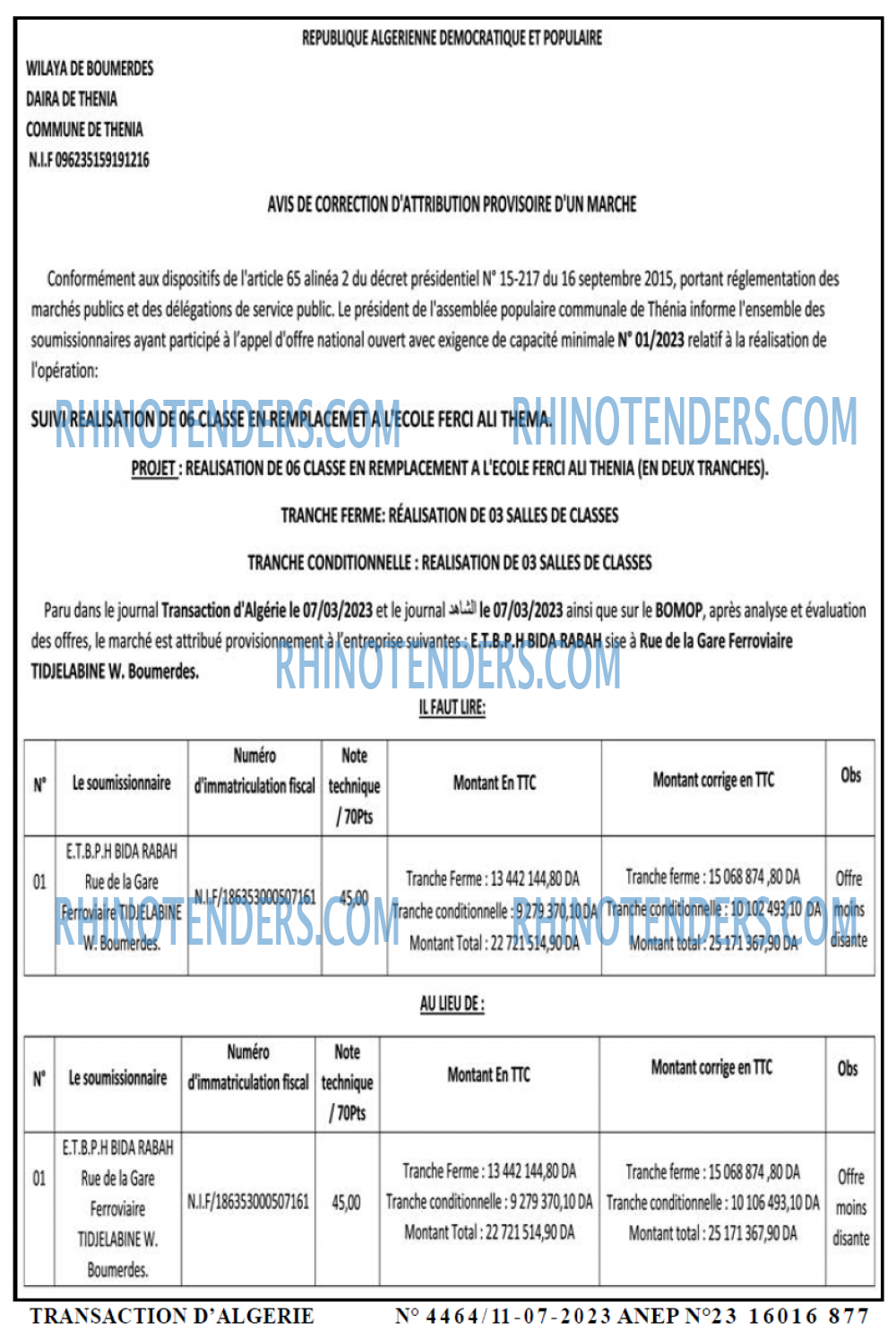 TRANSACTION D'ALGERIE