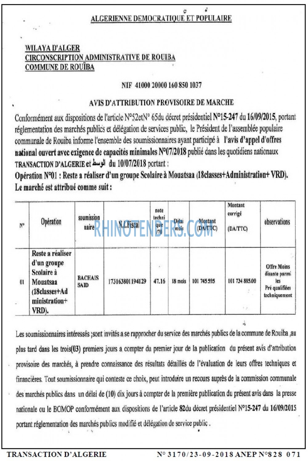 TRANSACTION D'ALGERIE