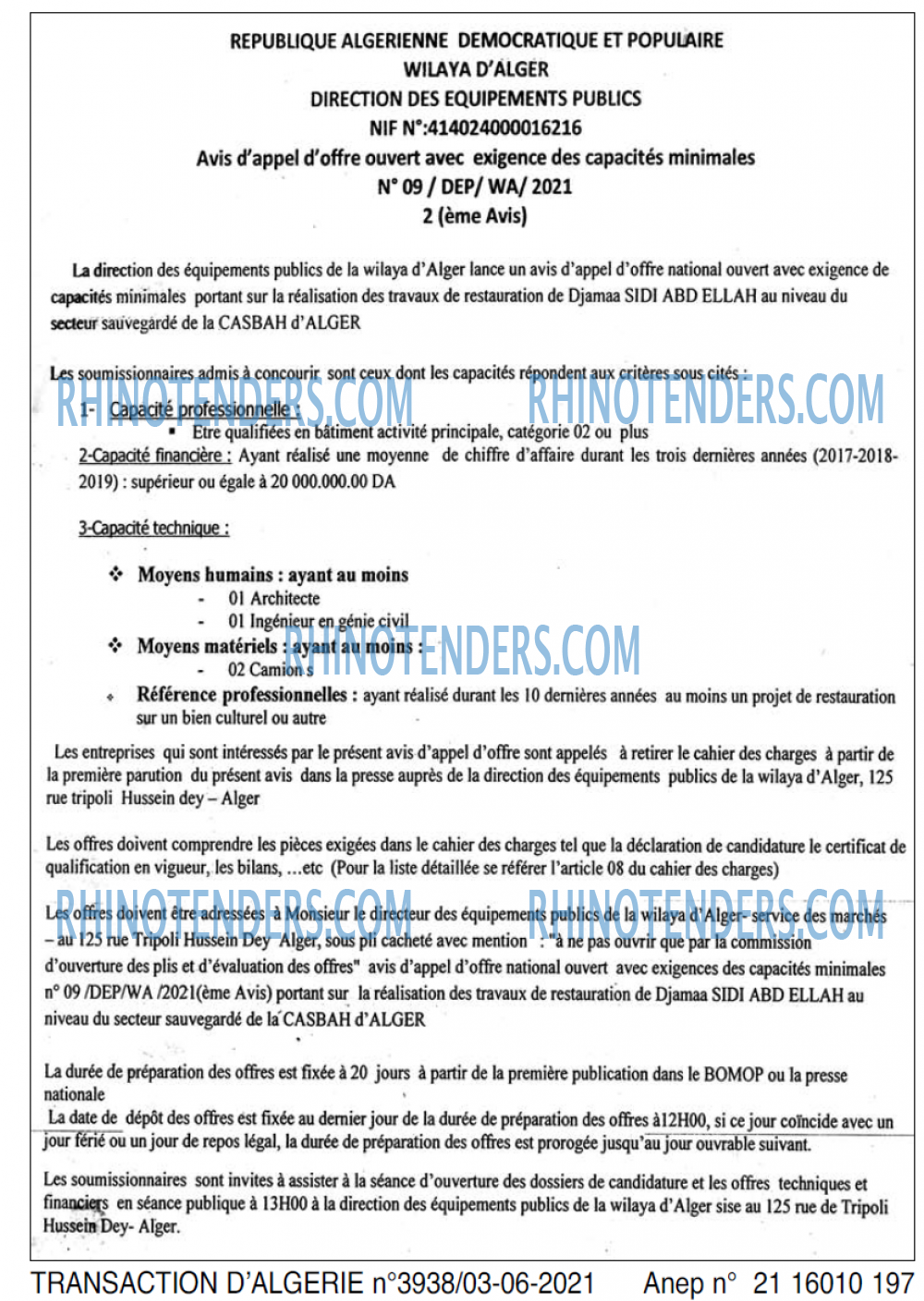 TRANSACTION D'ALGERIE