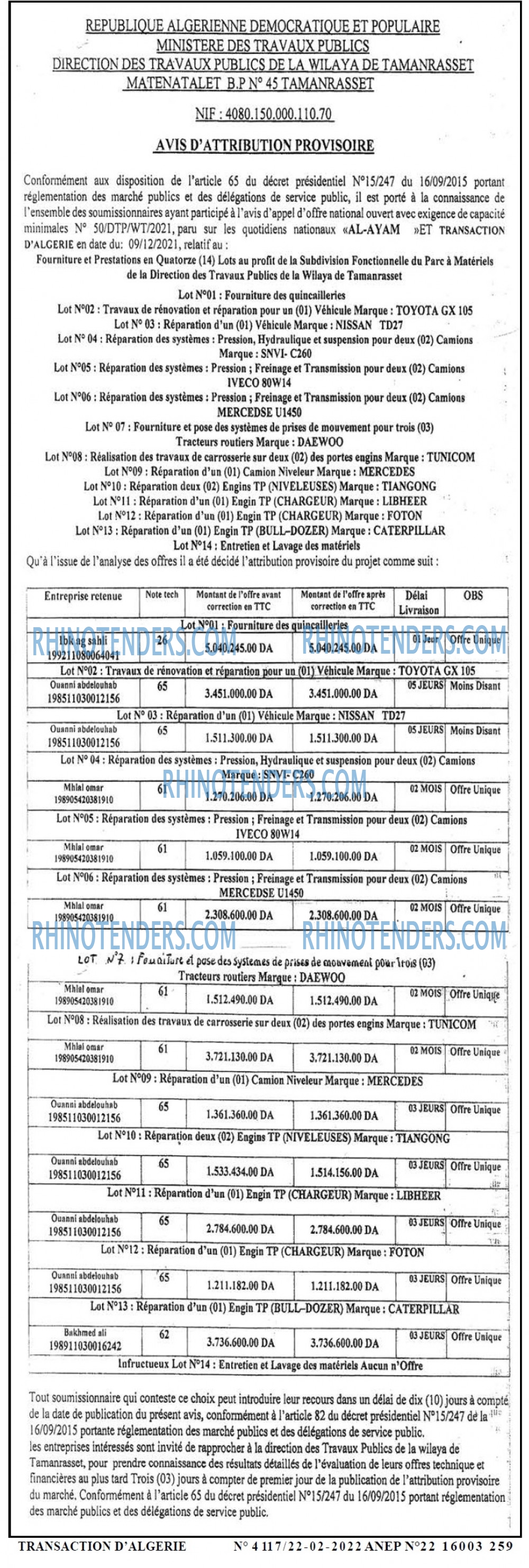 TRANSACTION D'ALGERIE