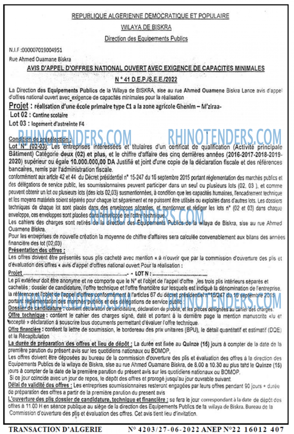 TRANSACTION D'ALGERIE