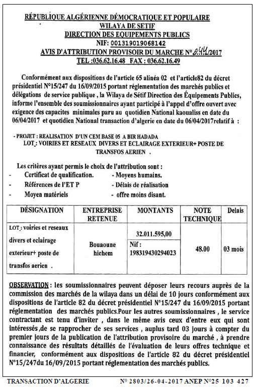 TRANSACTION D'ALGERIE