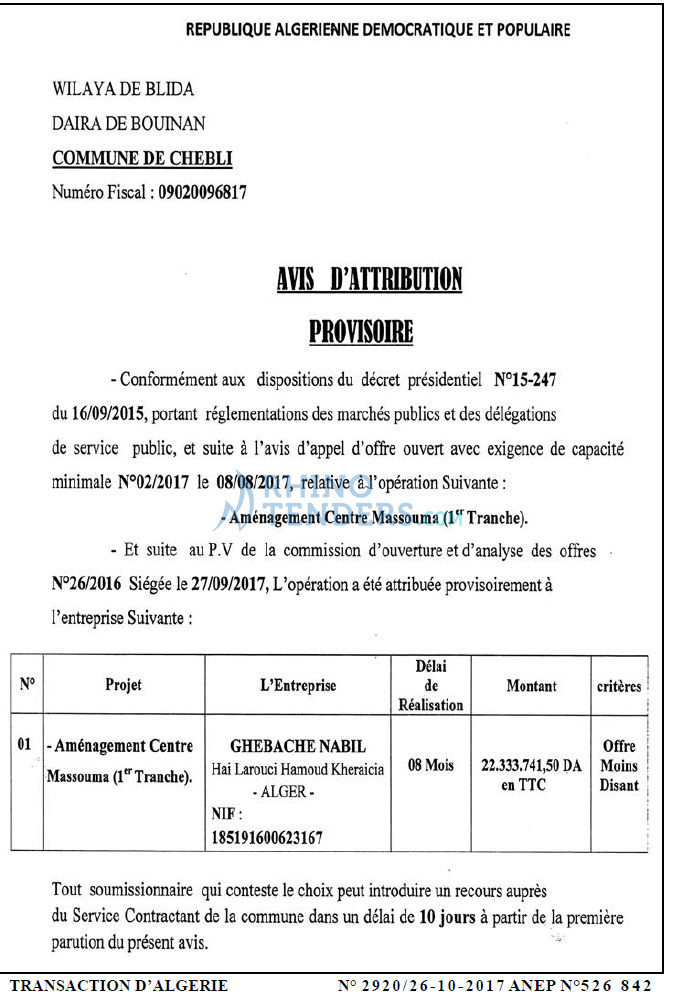 TRANSACTION D'ALGERIE