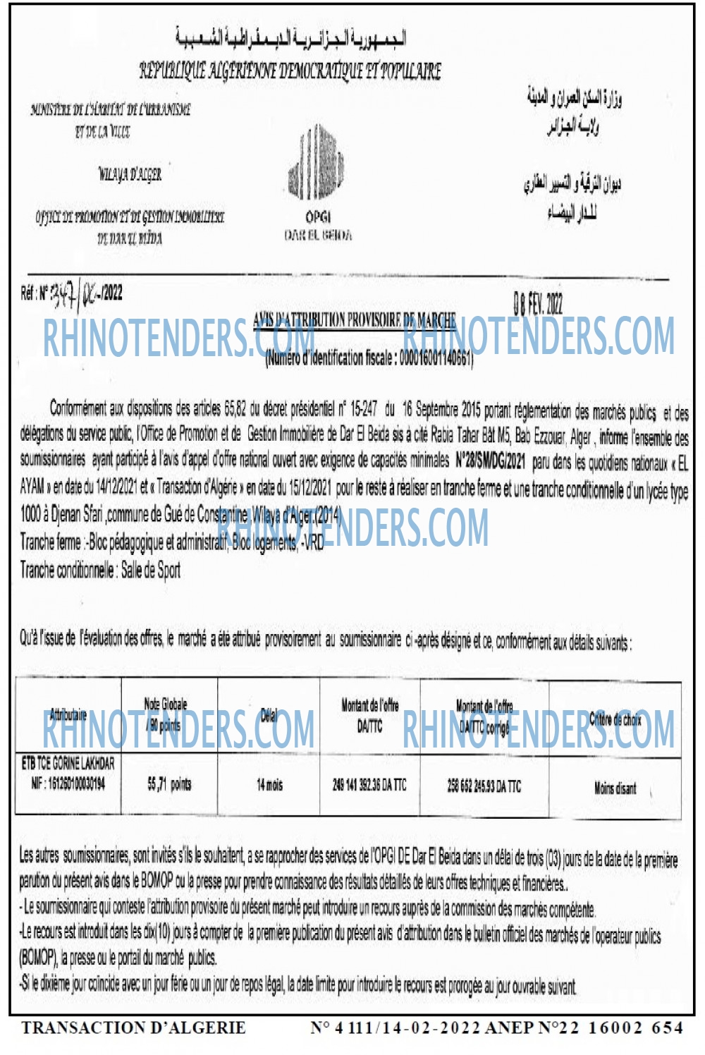 TRANSACTION D'ALGERIE
