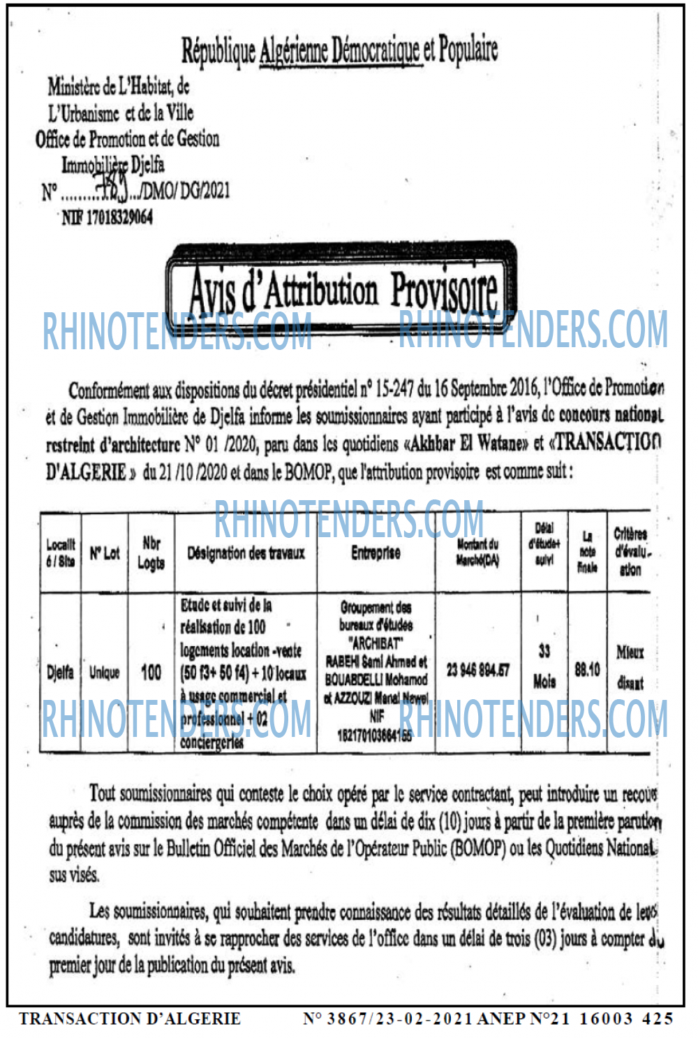 TRANSACTION D'ALGERIE