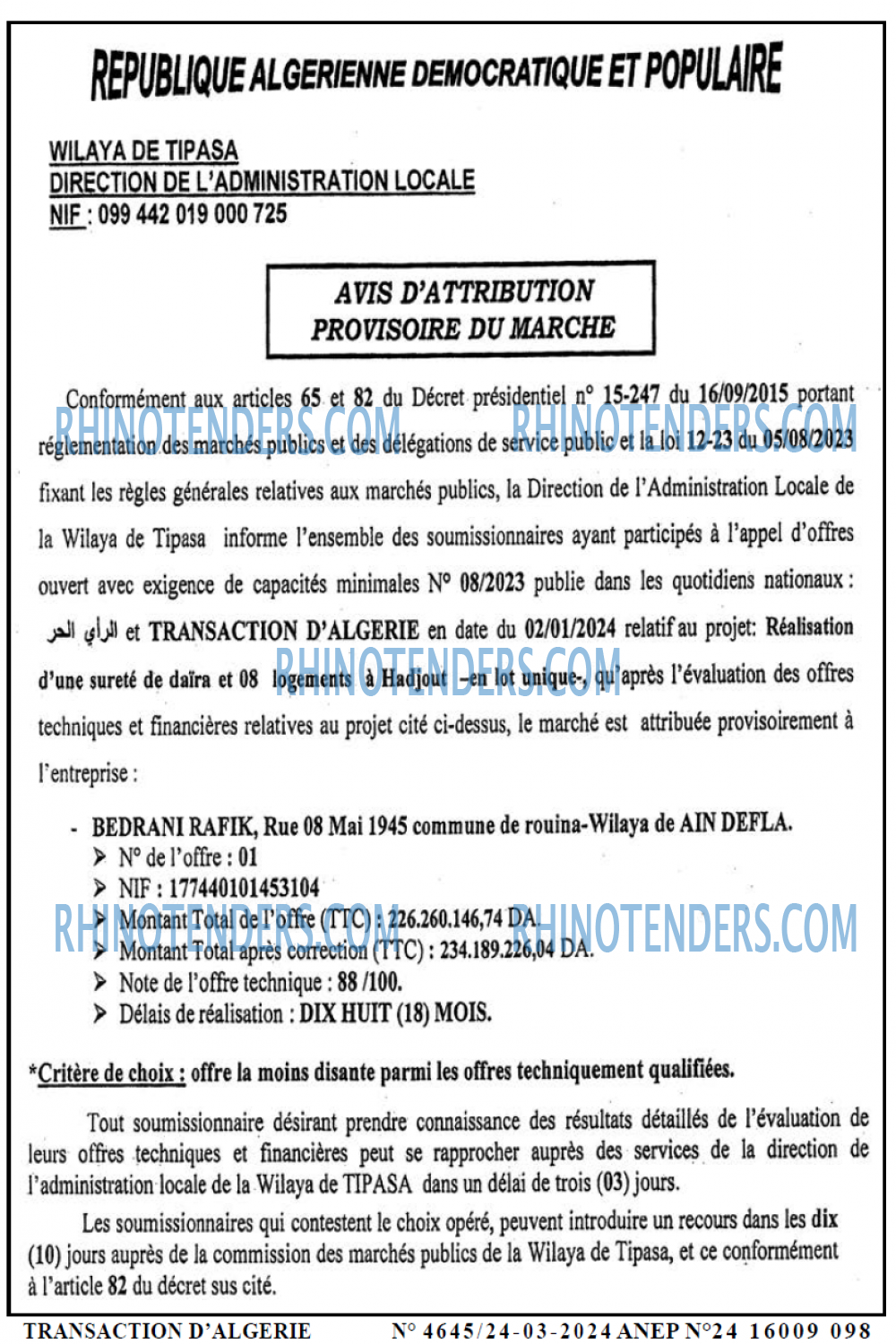 TRANSACTION D'ALGERIE