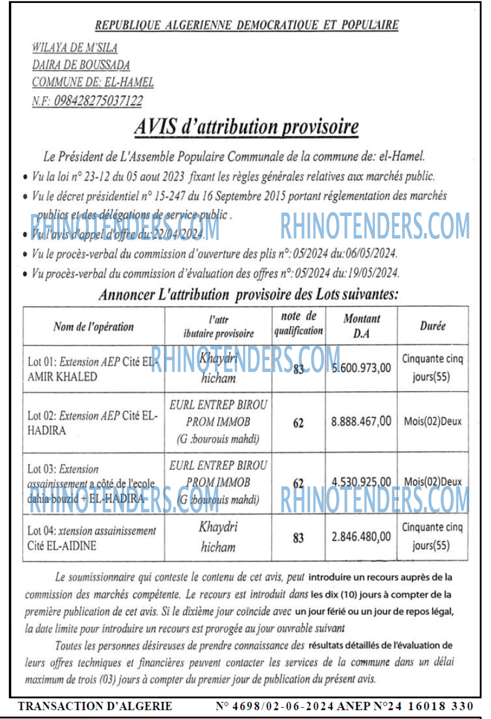 TRANSACTION D'ALGERIE