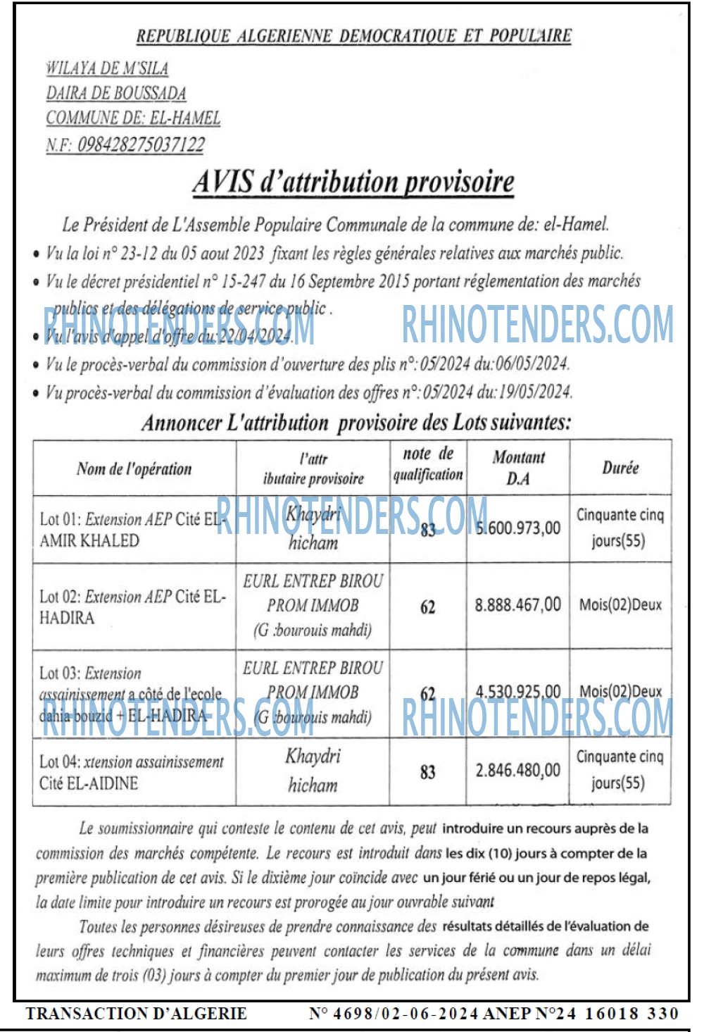 TRANSACTION D'ALGERIE