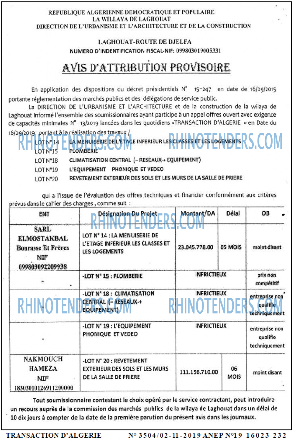 TRANSACTION D'ALGERIE