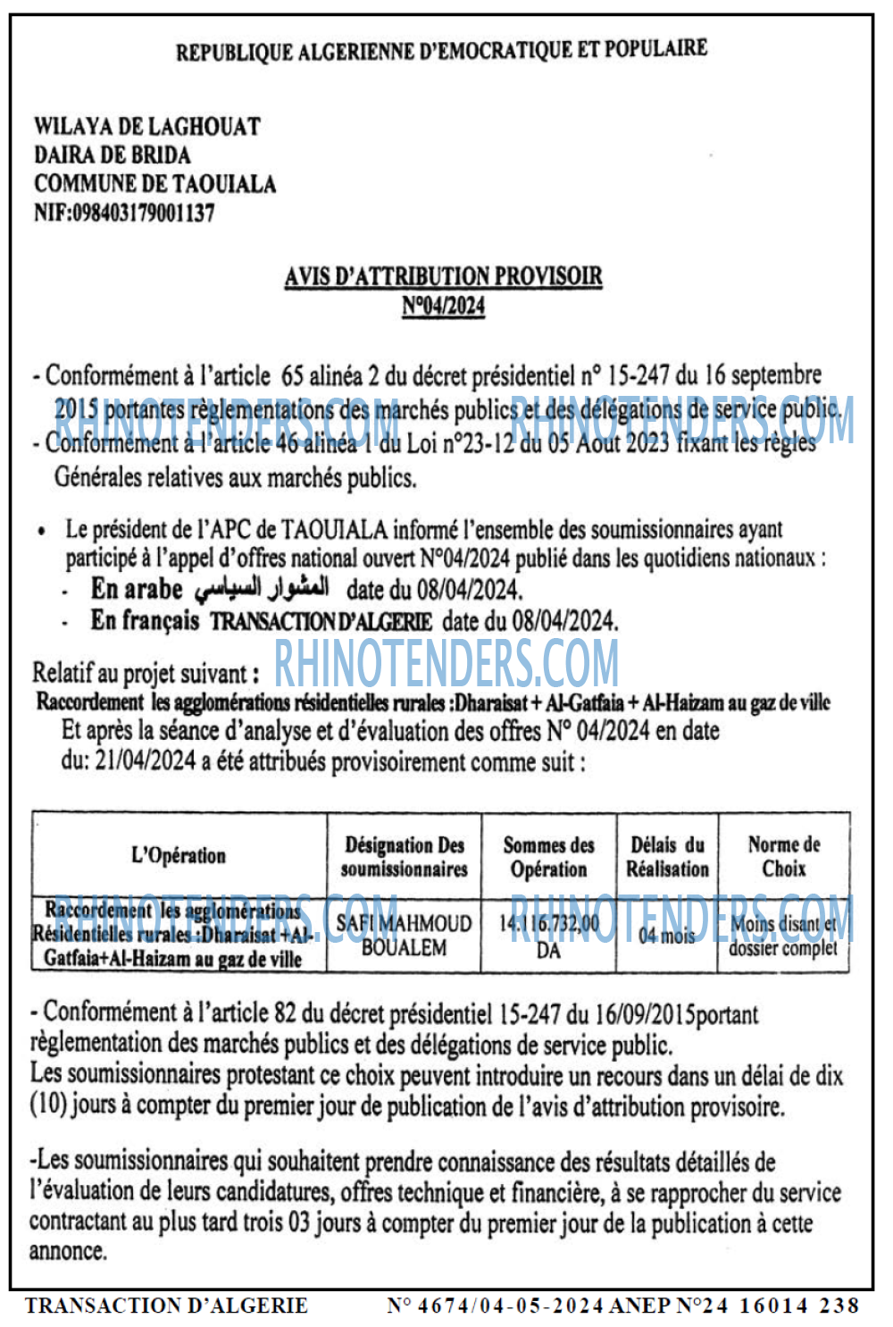 TRANSACTION D'ALGERIE