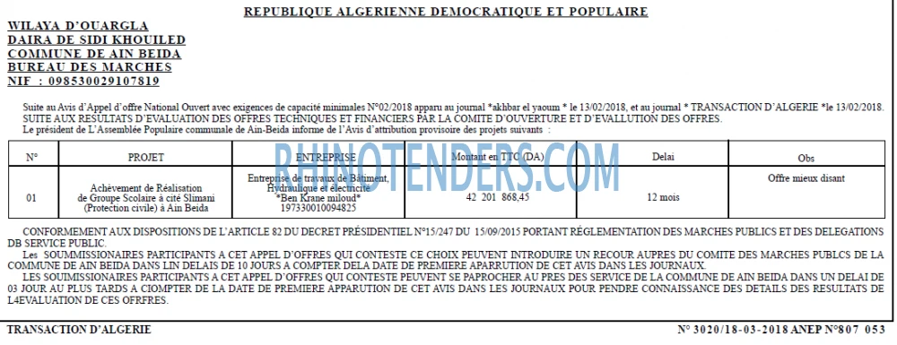 TRANSACTION D'ALGERIE
