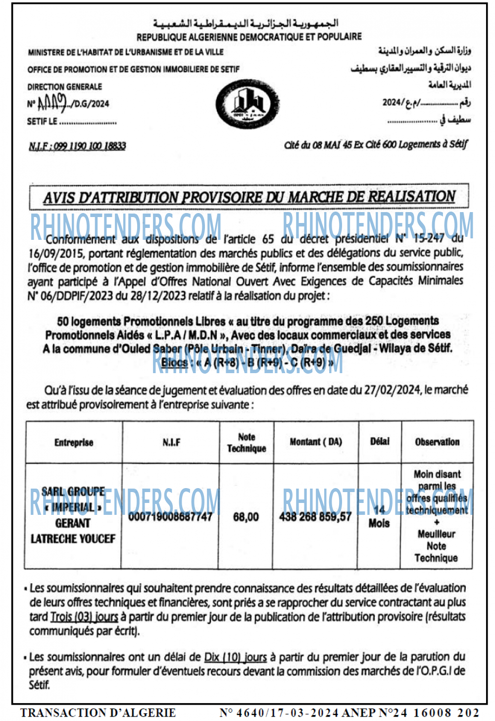 TRANSACTION D'ALGERIE