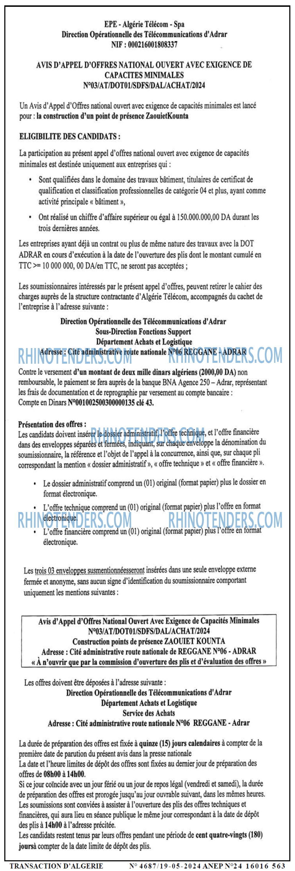 TRANSACTION D'ALGERIE