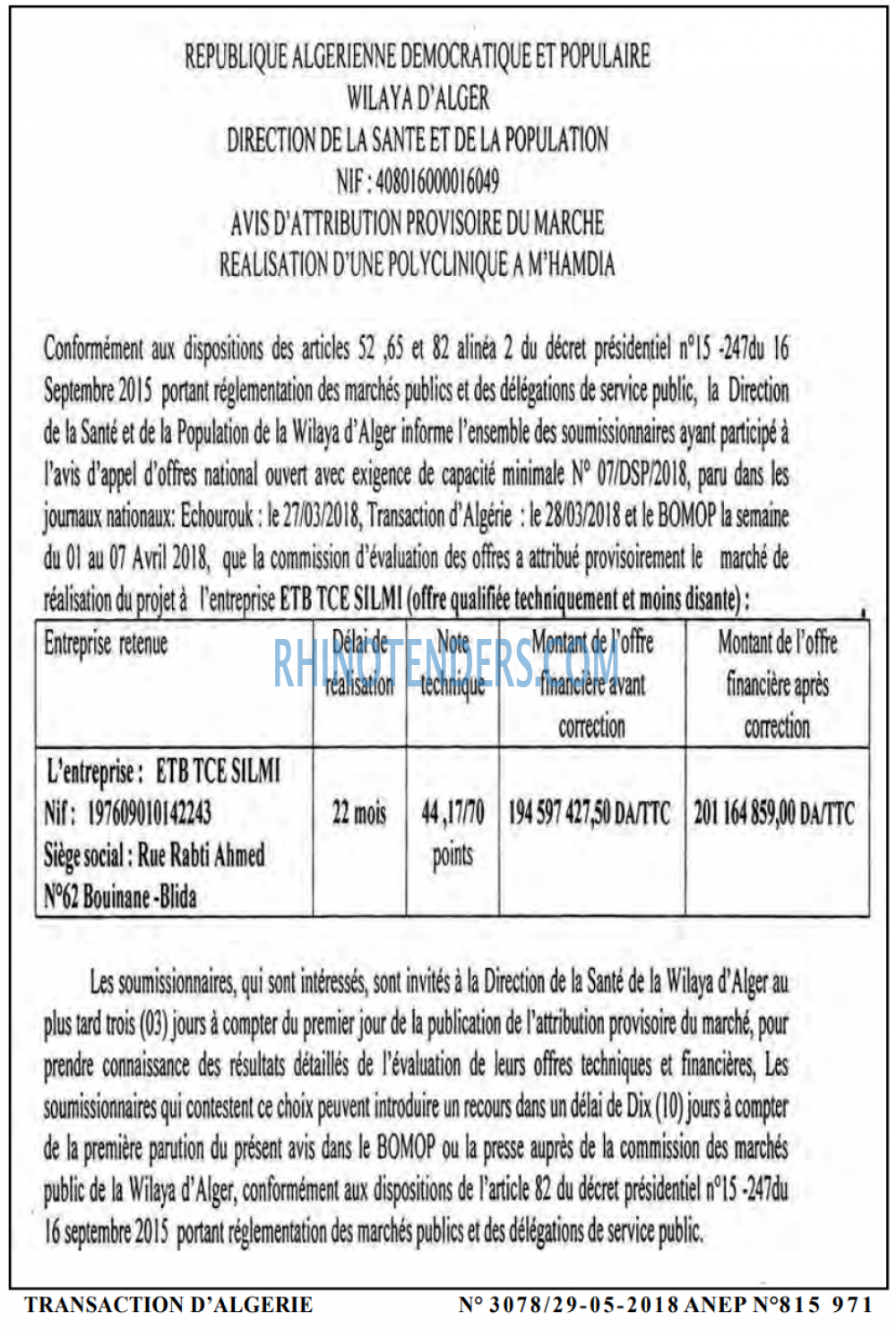 TRANSACTION D'ALGERIE