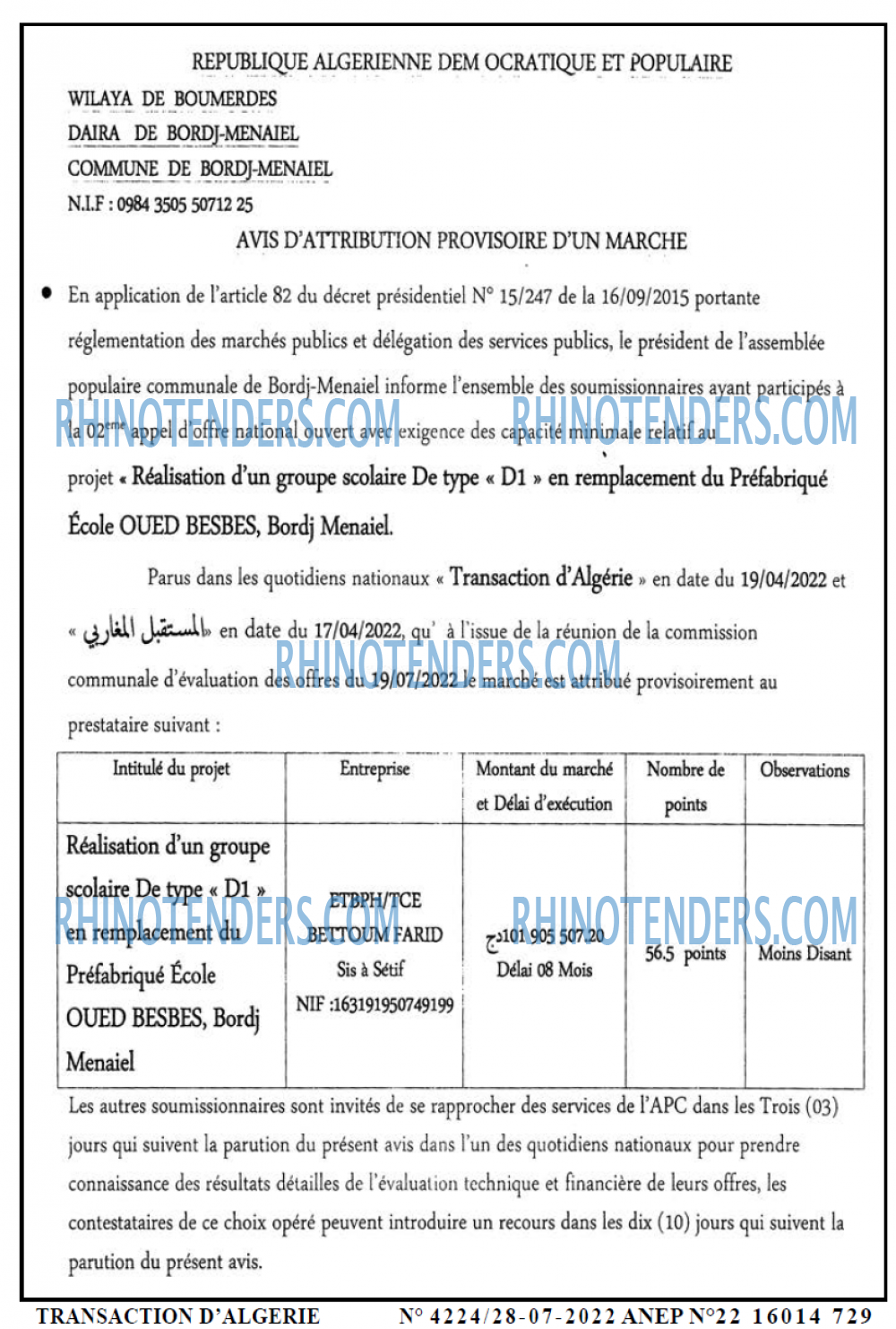 TRANSACTION D'ALGERIE