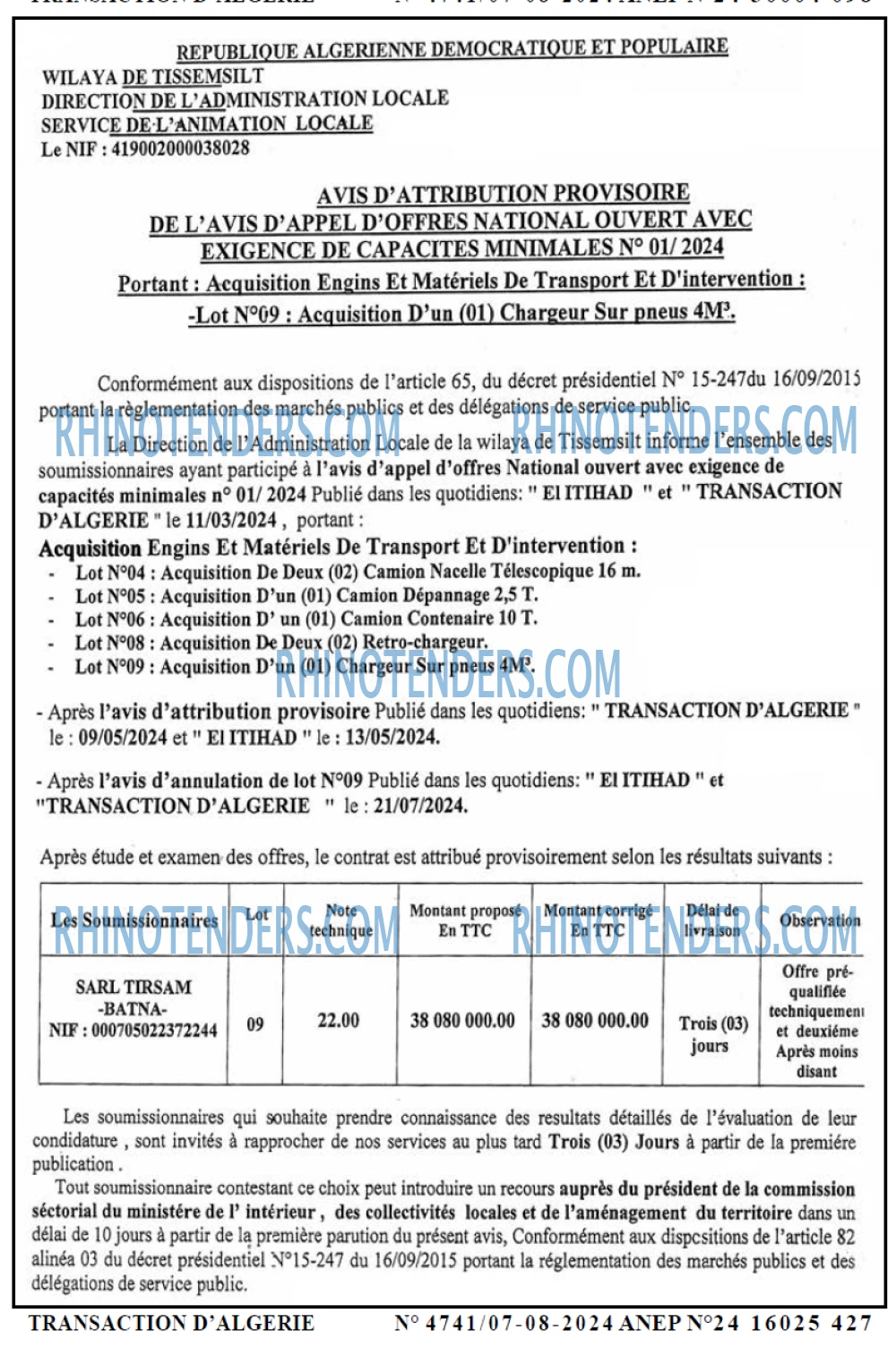 TRANSACTION D'ALGERIE