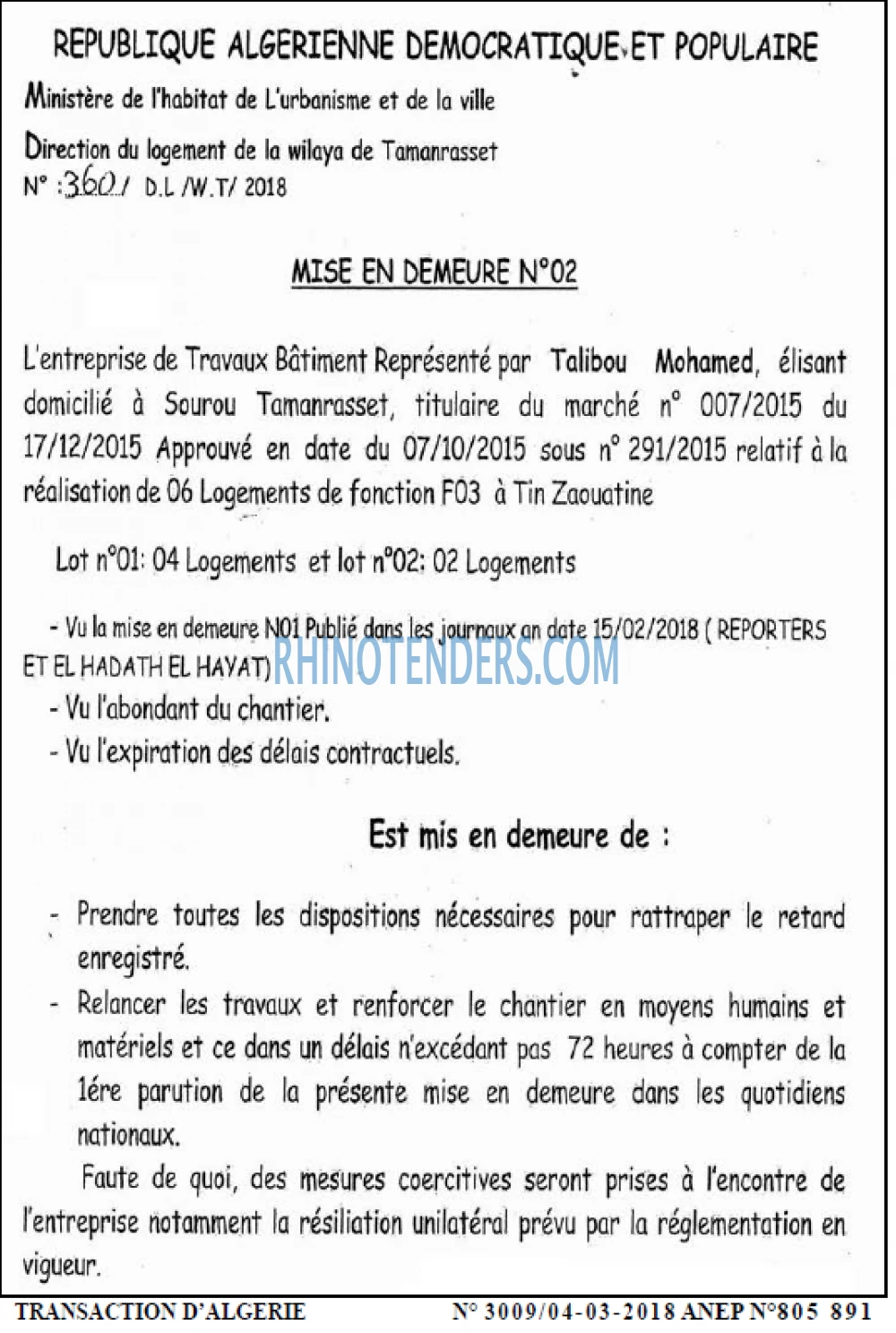 TRANSACTION D'ALGERIE