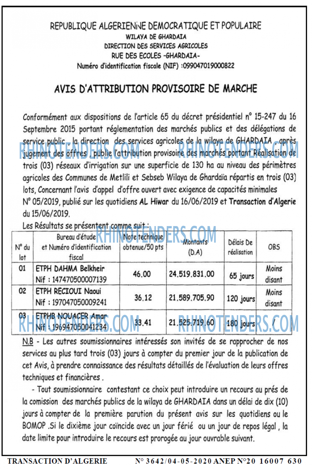 TRANSACTION D'ALGERIE