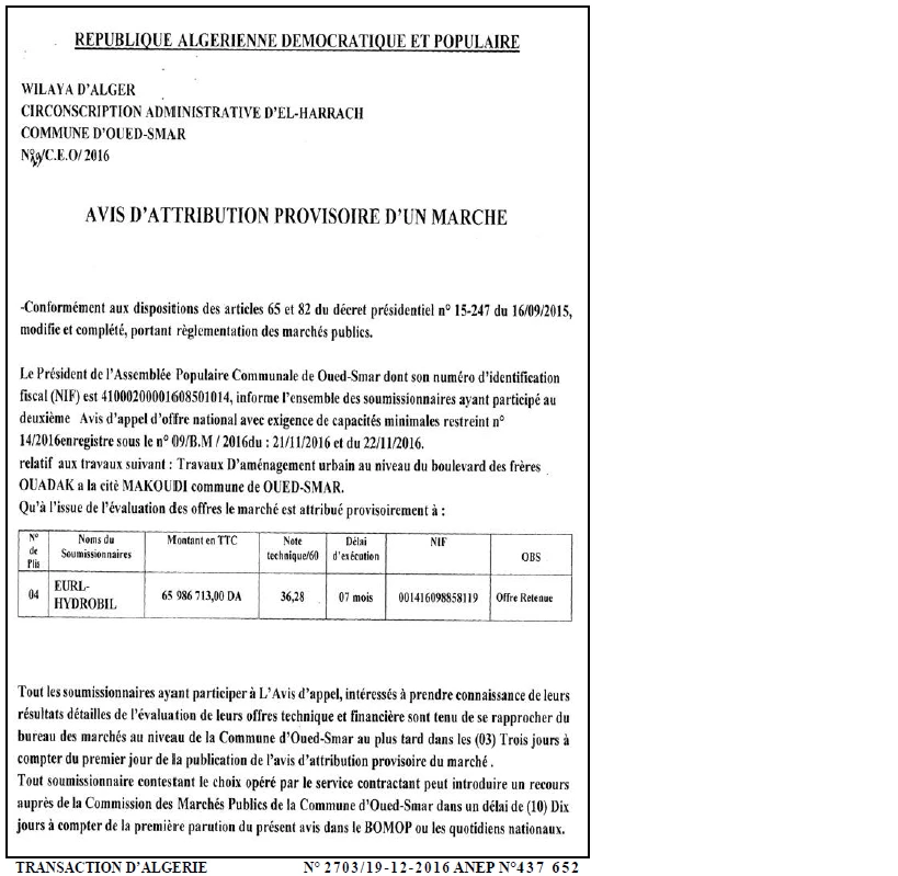 TRANSACTION D'ALGERIE