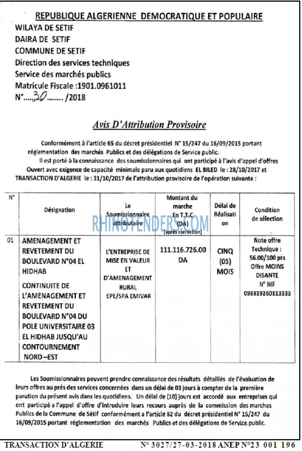 TRANSACTION D'ALGERIE