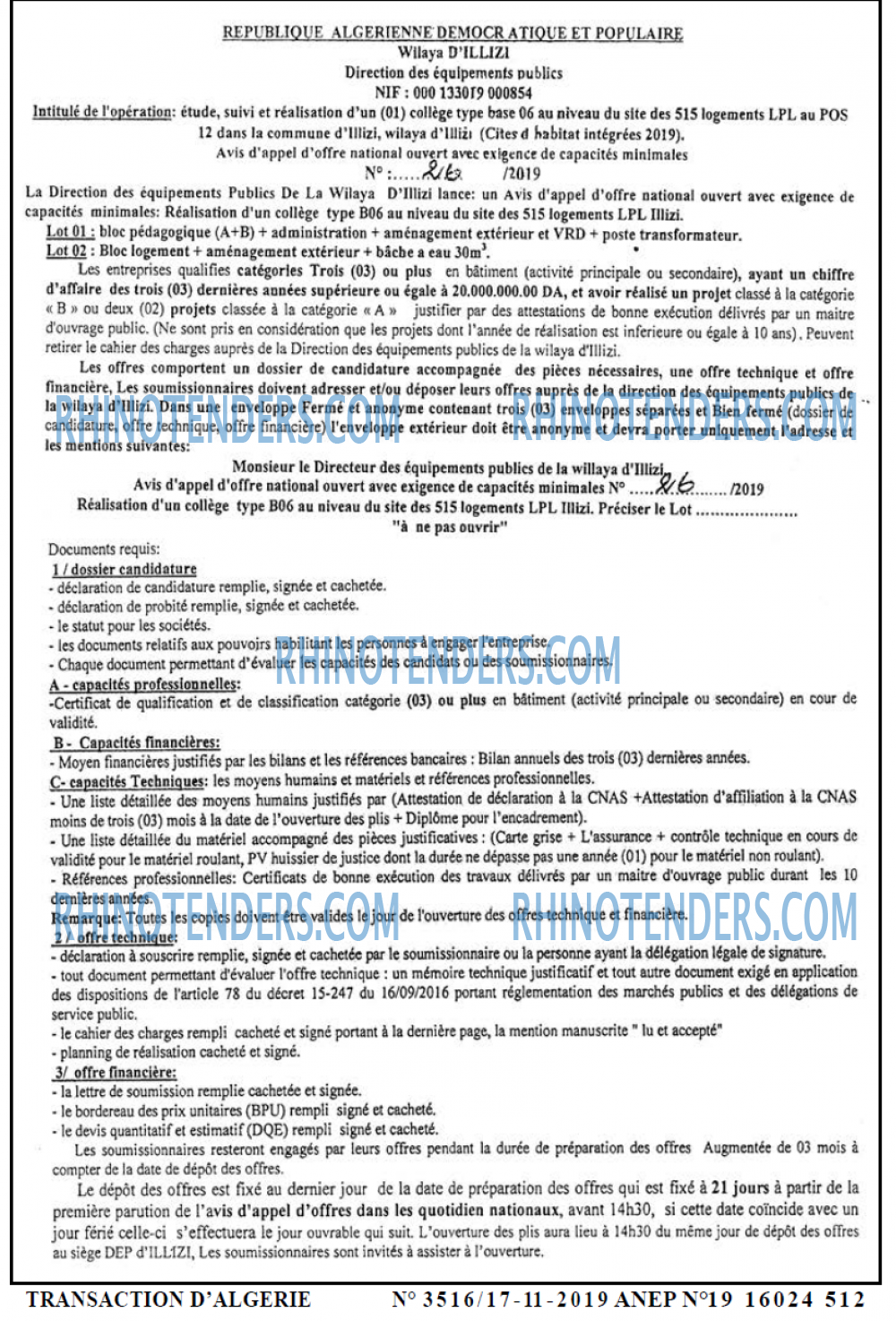 TRANSACTION D'ALGERIE