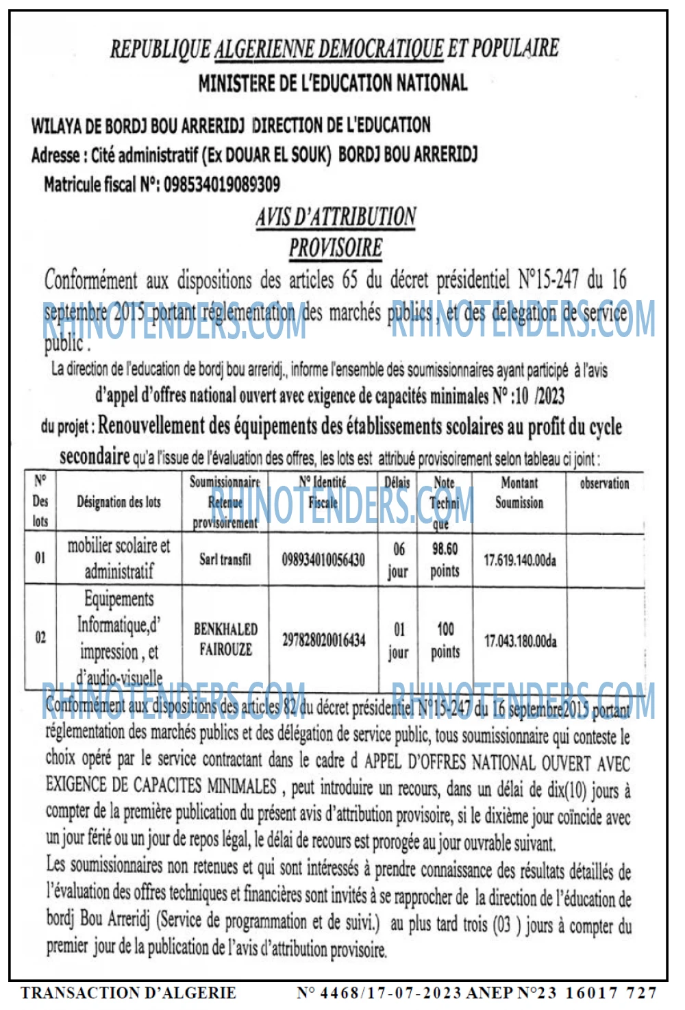 TRANSACTION D'ALGERIE