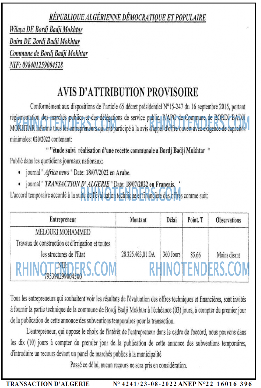 TRANSACTION D'ALGERIE