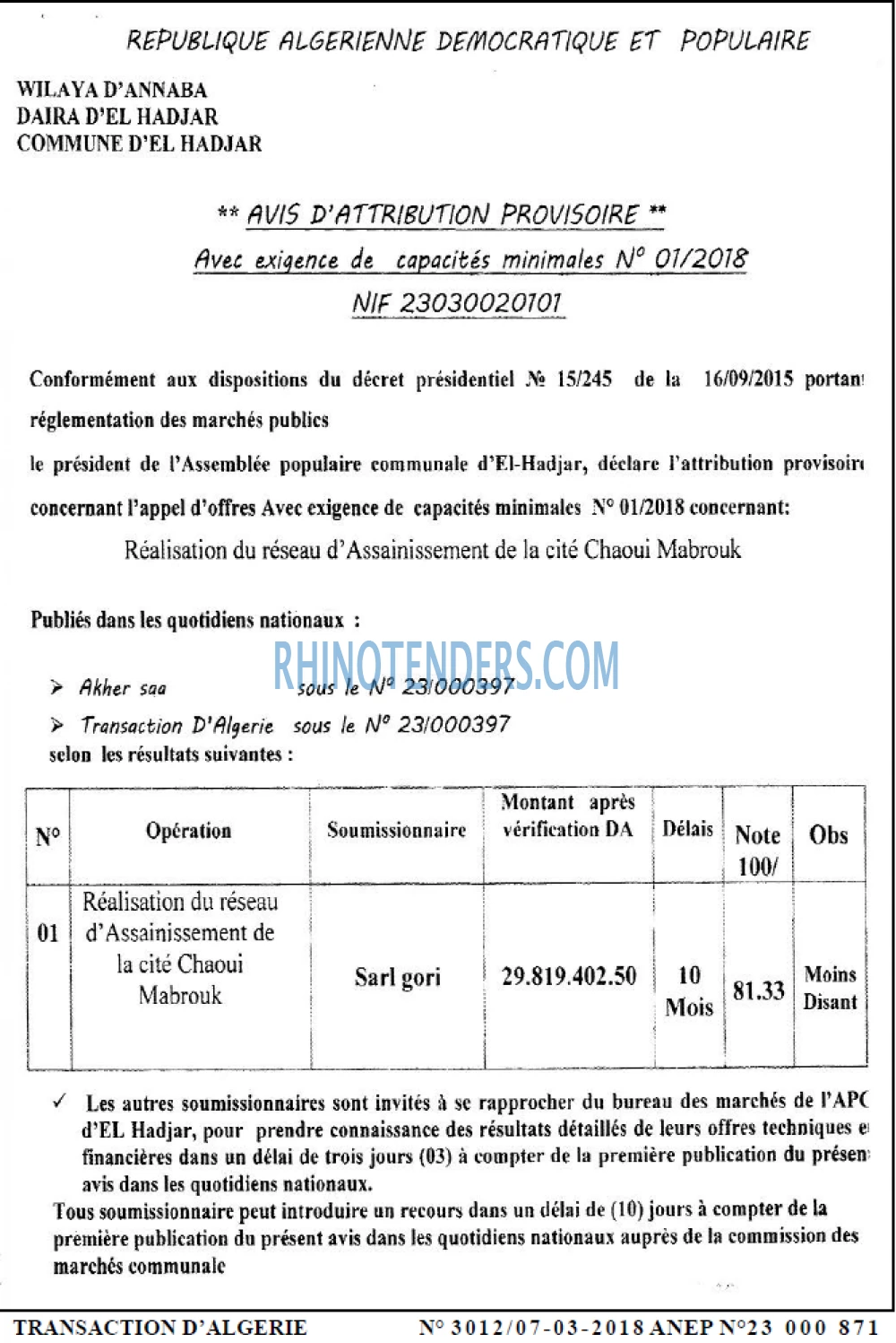 TRANSACTION D'ALGERIE