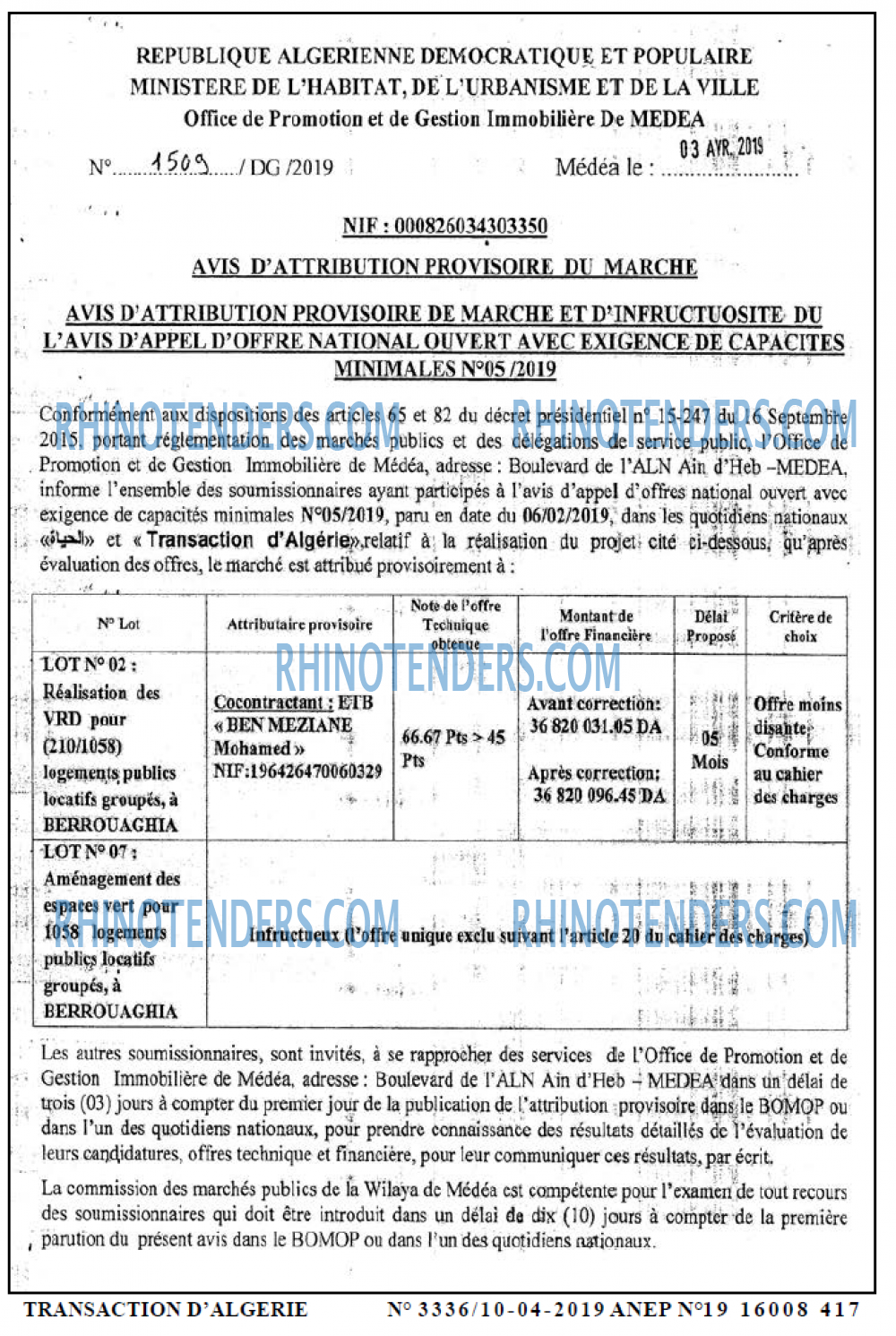 TRANSACTION D'ALGERIE