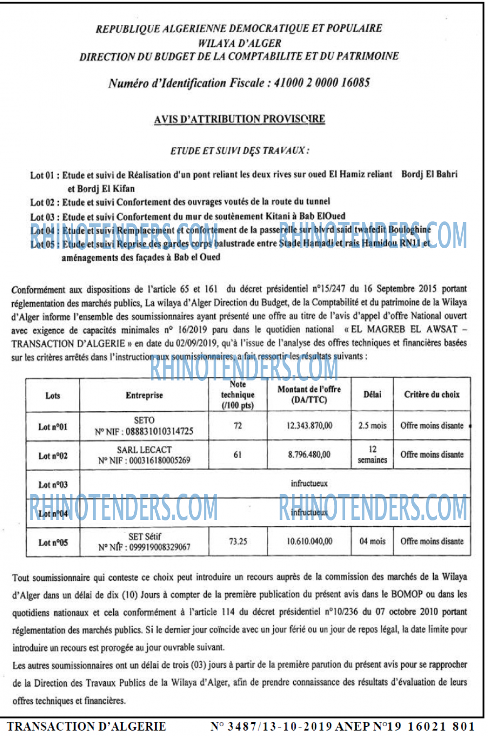 TRANSACTION D'ALGERIE