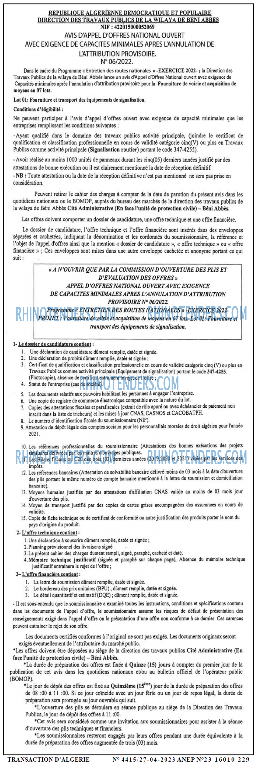 TRANSACTION D'ALGERIE