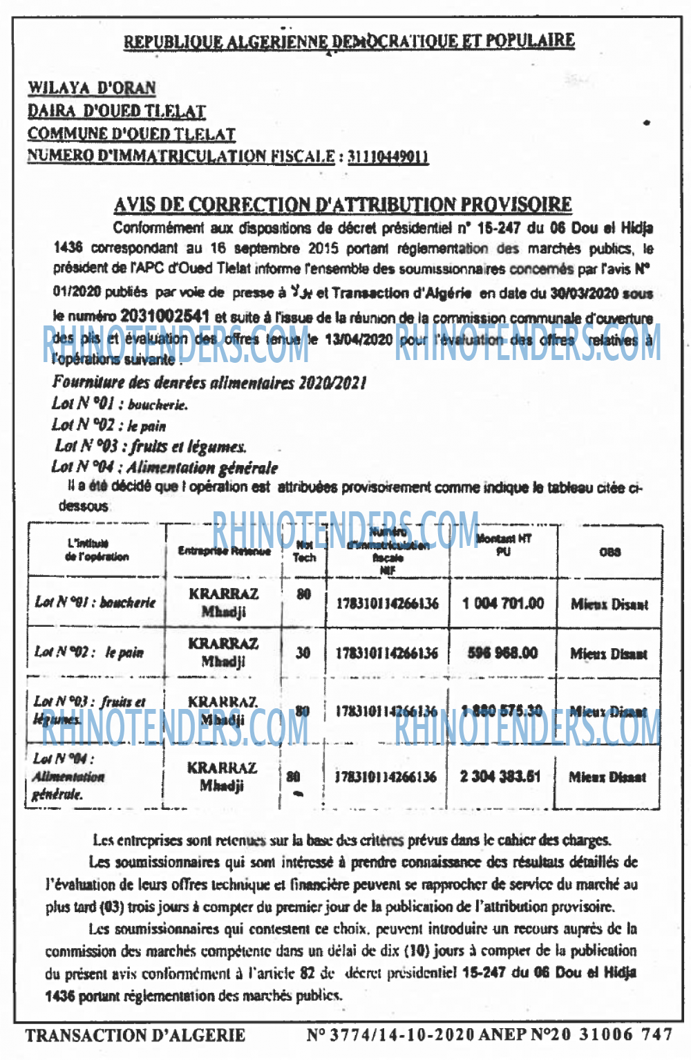 TRANSACTION D'ALGERIE