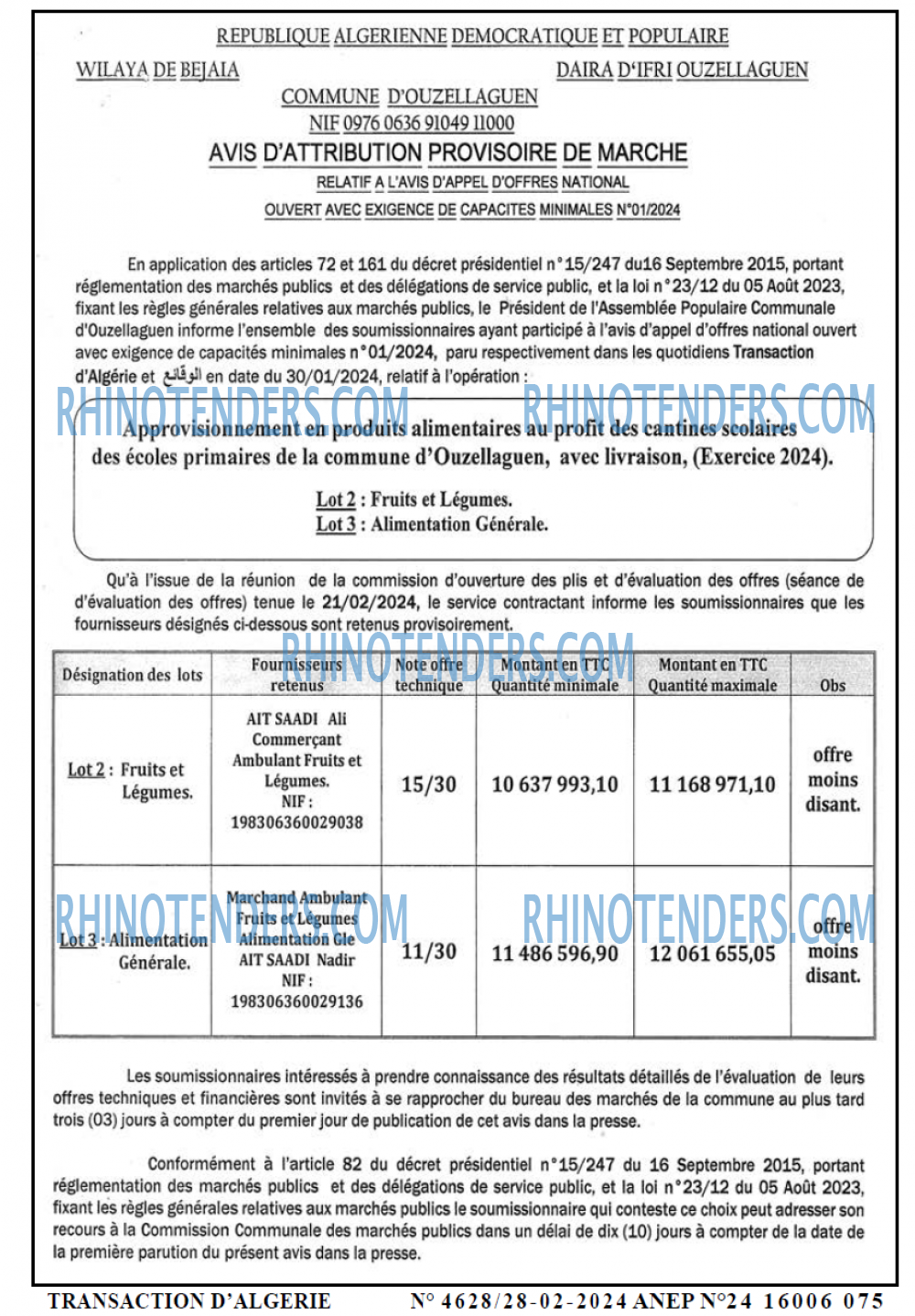TRANSACTION D'ALGERIE