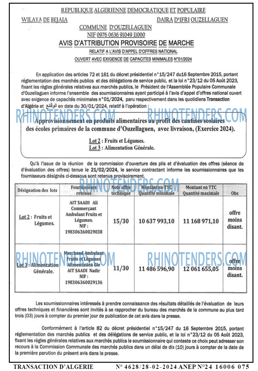 TRANSACTION D'ALGERIE