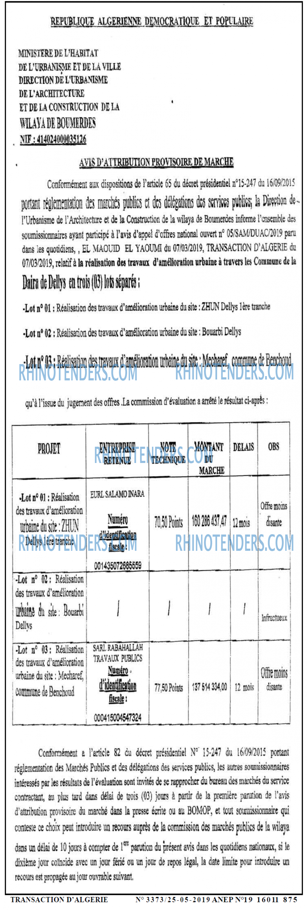 TRANSACTION D'ALGERIE