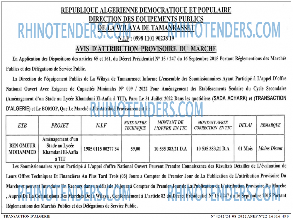 TRANSACTION D'ALGERIE