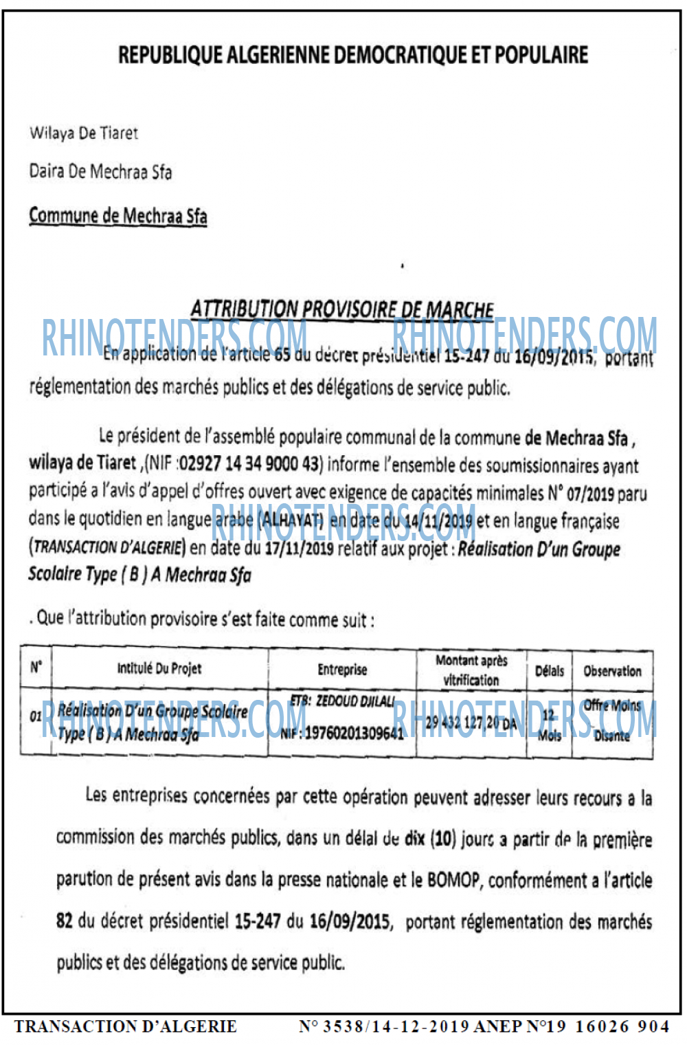 TRANSACTION D'ALGERIE