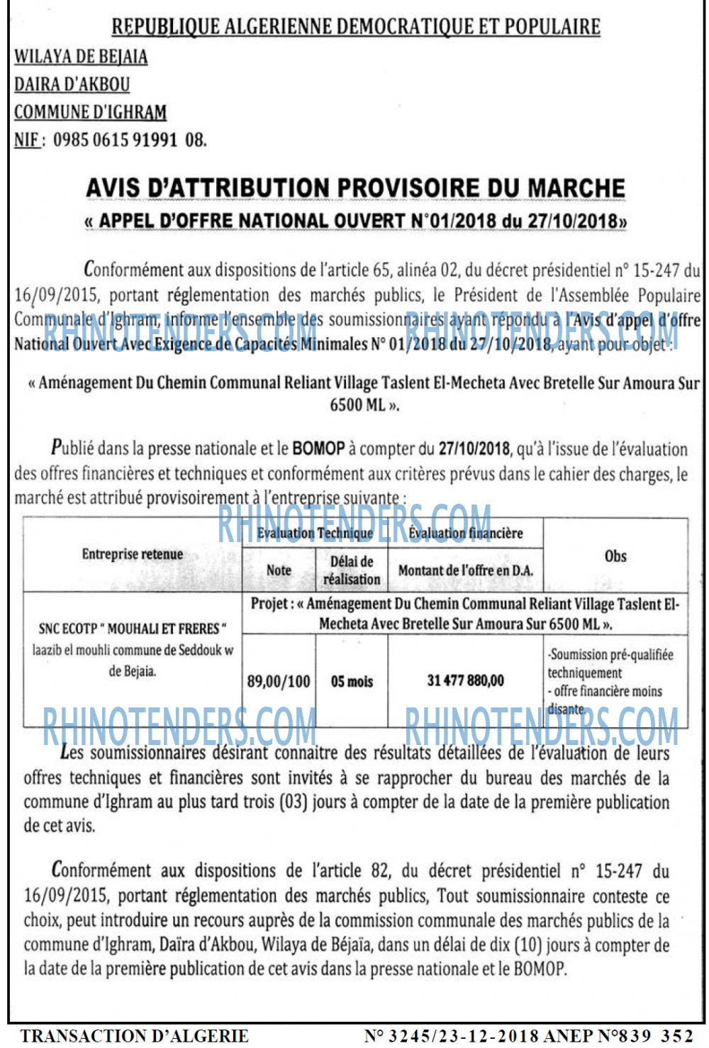 TRANSACTION D'ALGERIE